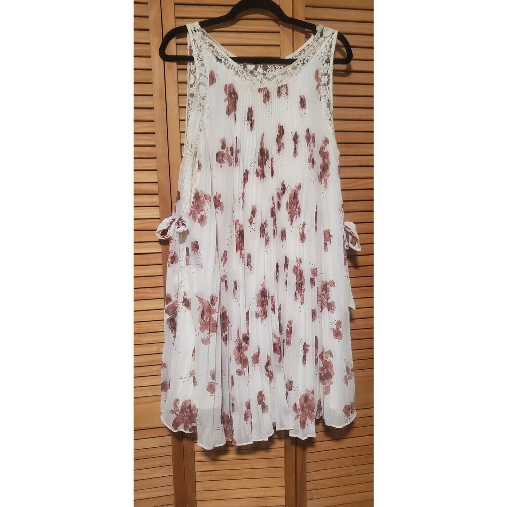Free People Pleated Tent Dress Gardenia Floral Lace Sleeveless Side Ties Size M